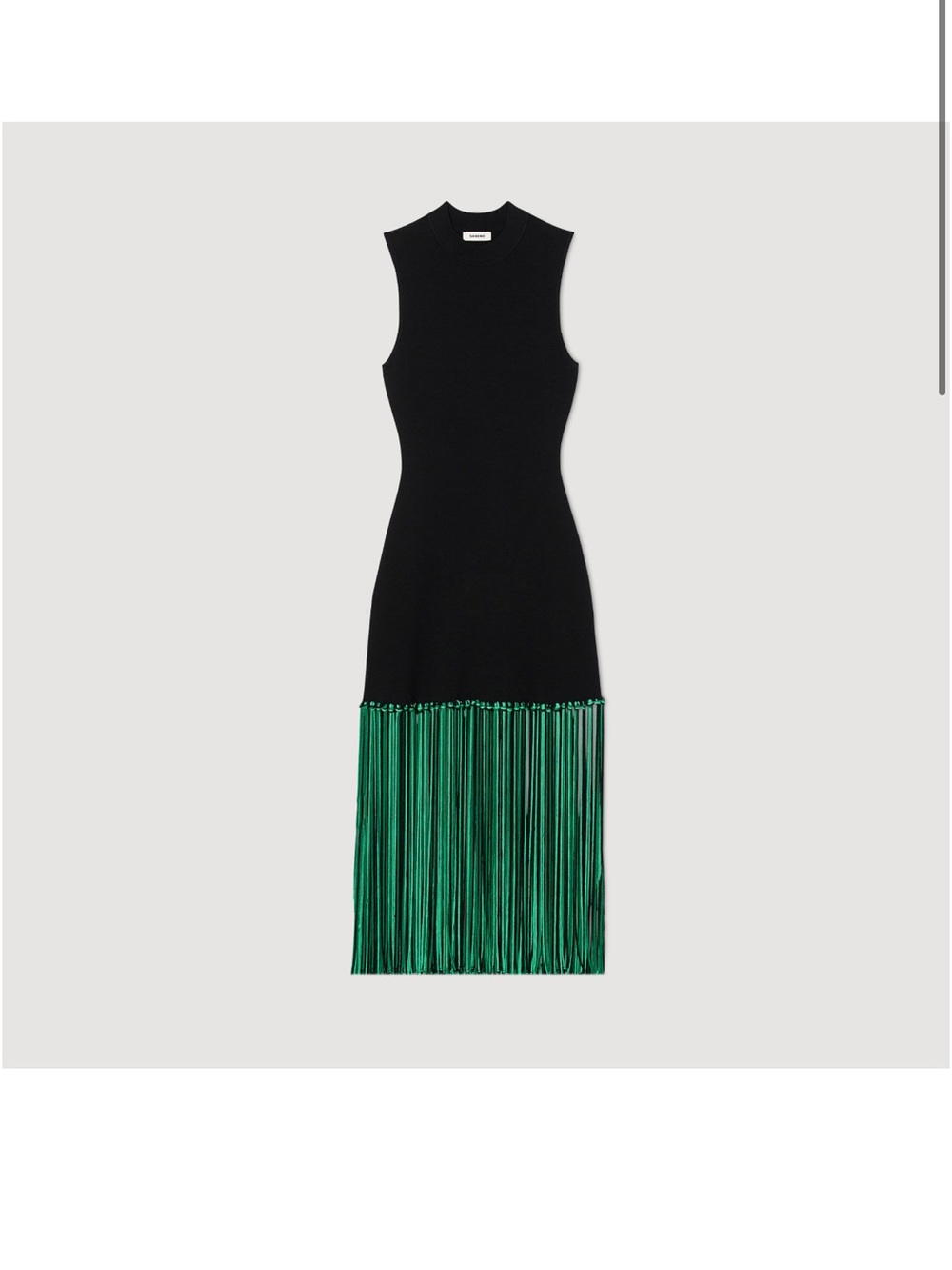 Sandro Black Sleeveless Maxi Dress with Green Fringe